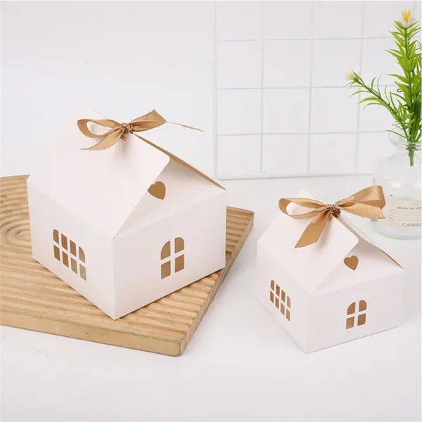 Caja de Papel Kraft Blanca con Forma de Casita Pequeña, 20 Unidades, con Lazo, para Dulces, Galletas, detalles, Recuerdos de Fiesta