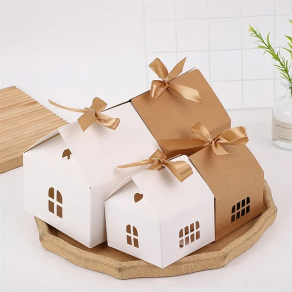 Caja de Papel Kraft Blanca con Forma de Casita Pequeña, 20 Unidades, con Lazo, para Dulces, Galletas, detalles, Recuerdos de Fiesta