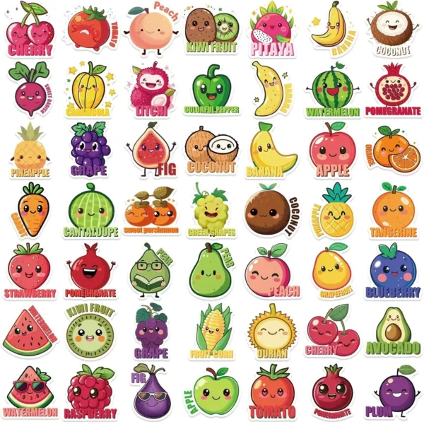 Pegatinas de frutas y verduras de dibujos animados, 50 Uds., bonitas calcomanías de vinilo impermeables, regalos para niños, recompensas, fiesta, portátil, teléfono, equipaje