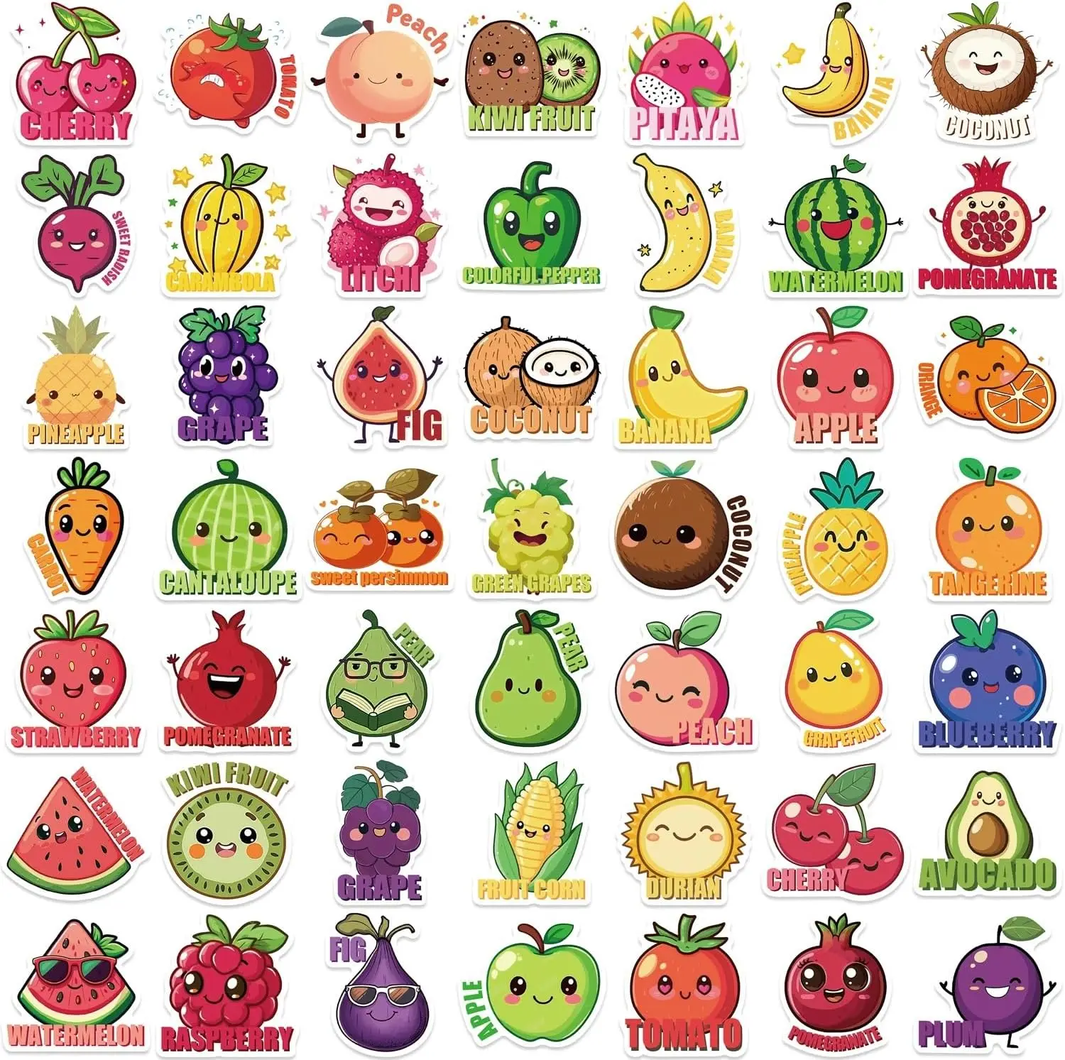 Pegatinas de frutas y verduras de dibujos animados, 50 Uds., bonitas calcomanías de vinilo impermeables, regalos para niños, recompensas, fiesta, portátil, teléfono, equipaje - Imagen 5