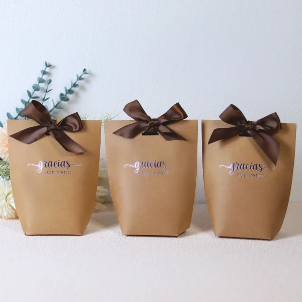 Cajas kraft, color marrón, para regalos, envoltorios, Detalles para invitados, Caja con lazo, 2 medidas,