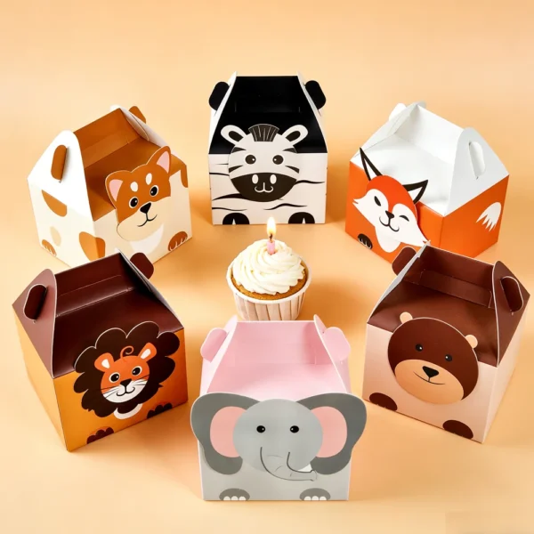 Cajas de cartón para chuches y detalles de regalo con la Temática de Animales de la Selva, 10/20 Piezas, León, Elefante, Cebra, Cajas de Papel grueso.
