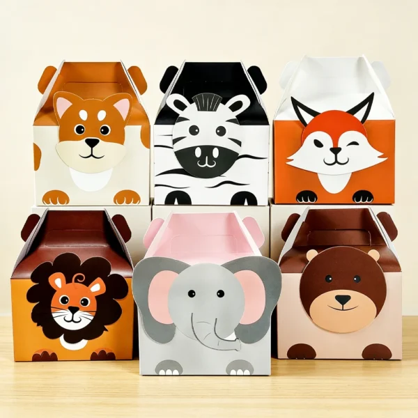 Cajas de cartón para chuches y detalles de regalo con la Temática de Animales de la Selva, 10/20 Piezas, León, Elefante, Cebra, Cajas de Papel grueso.