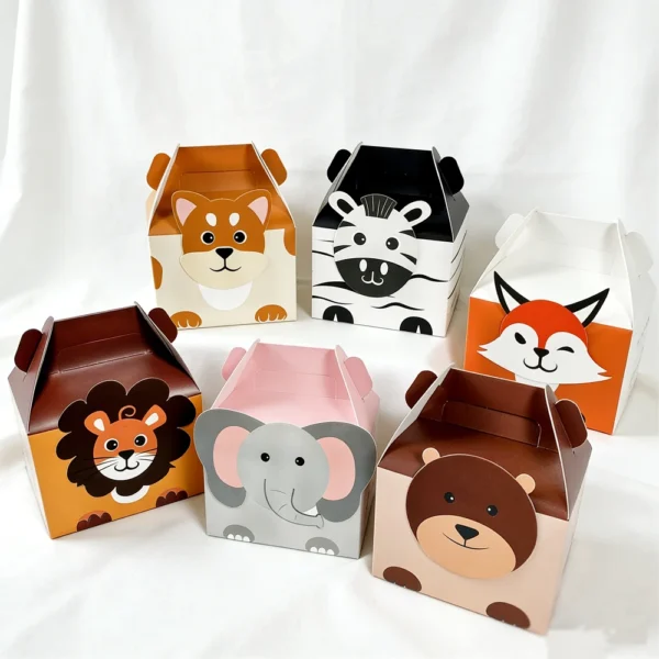Cajas de cartón para chuches y detalles de regalo con la Temática de Animales de la Selva, 10/20 Piezas, León, Elefante, Cebra, Cajas de Papel grueso.