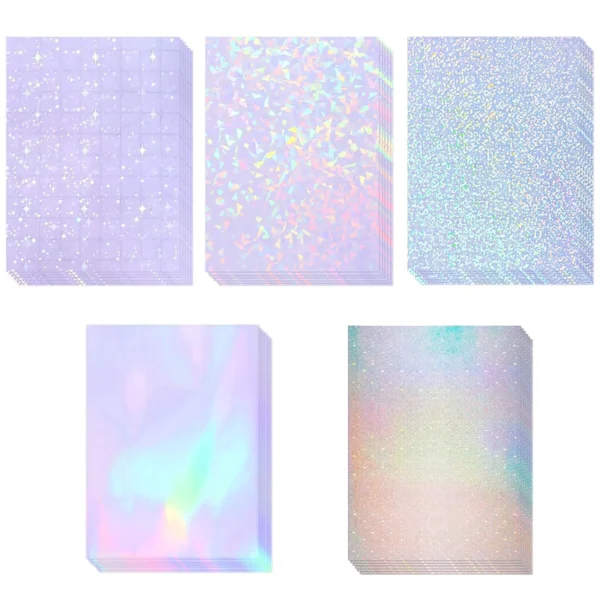 Hojas de papel adhesivo holográfico tamaño A4, vinilo transparente, autoadhesivo, 20hojas de laminación transparentes impermeables, 11,7x8,3 pulgadas, 5 estilos