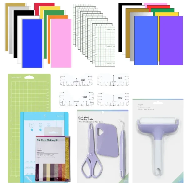 Kit de accesorios Cricut Joy de 76 piezas, herramientas de deshierbe, HTV, vinilo adhesivo, kits de tarjetas, tapetes de tarjetas, kits de inicio para hacer artículos Cricut