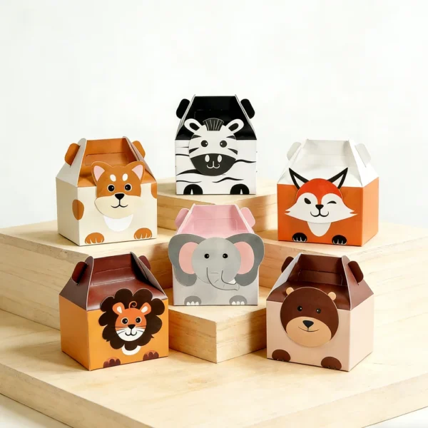 Cajas de cartón para chuches y detalles de regalo con la Temática de Animales de la Selva, 10/20 Piezas, León, Elefante, Cebra, Cajas de Papel grueso.