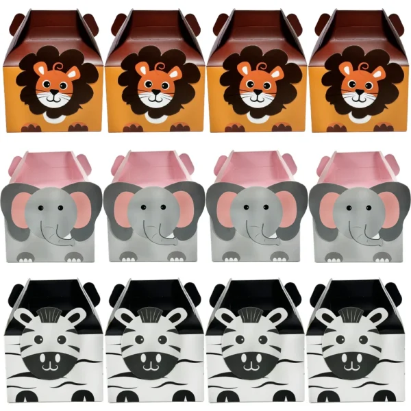 Cajas de cartón para chuches y detalles de regalo con la Temática de Animales de la Selva, 10/20 Piezas, León, Elefante, Cebra, Cajas de Papel grueso.