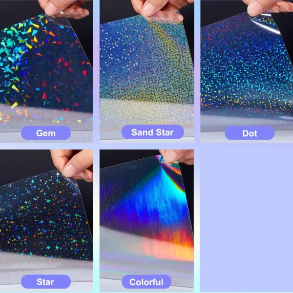 Hojas de papel adhesivo holográfico tamaño A4, vinilo transparente, autoadhesivo, 20hojas de laminación transparentes impermeables, 11,7x8,3 pulgadas, 5 estilos