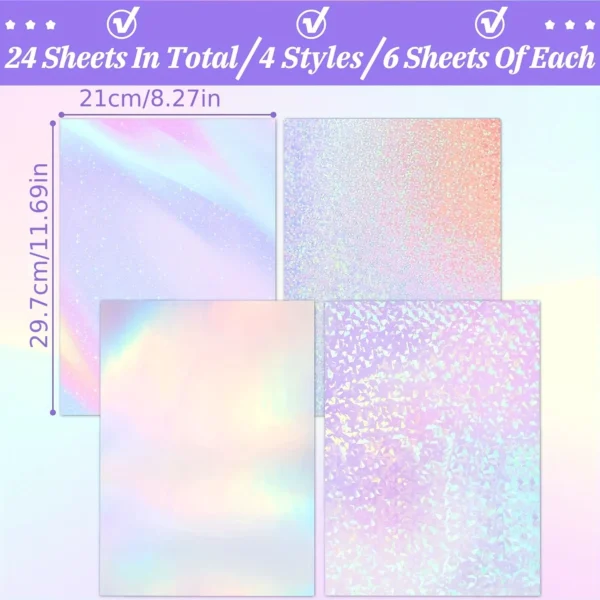 24 hojas de pegatinas holográficas, vinilo transparente autoadhesivo para fotos, imágenes, tarjetas, manualidades DIY (tamaño A4/4 estilos diferentes)