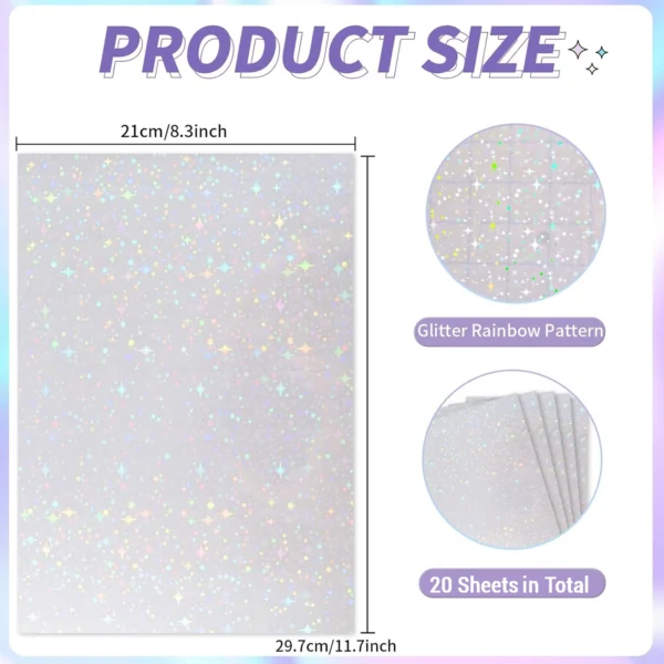 Hojas de papel adhesivo holográfico tamaño A4, vinilo transparente, autoadhesivo, 20hojas de laminación transparentes impermeables, 11,7x8,3 pulgadas, 5 estilos