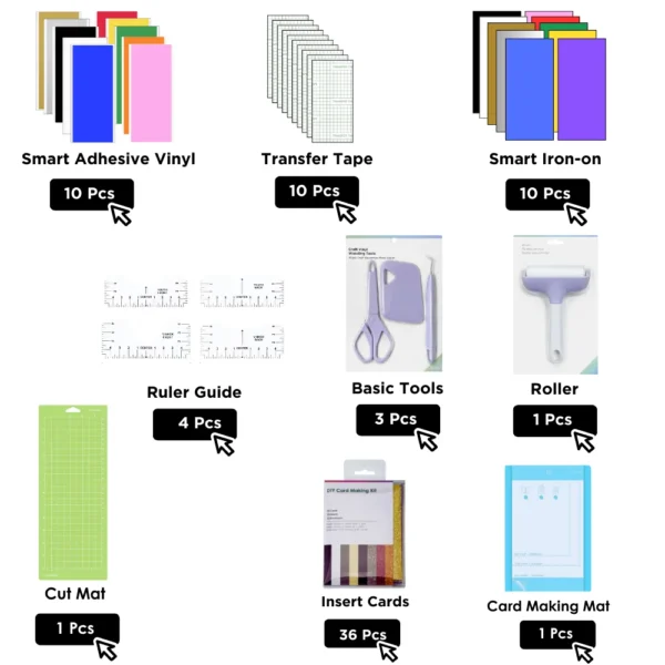 Kit de accesorios Cricut Joy de 76 piezas, herramientas de deshierbe, HTV, vinilo adhesivo, kits de tarjetas, tapetes de tarjetas, kits de inicio para hacer artículos Cricut