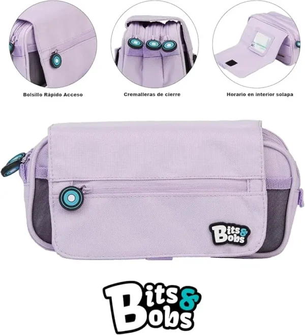 Estuche Escolar color Lavanda con tres compartimentos y solapa bits& Bobs 23x10x10cm , para organizar tu Material Escolar