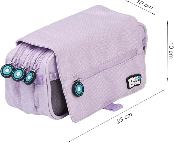 Estuche Escolar color Lavanda con tres compartimentos y solapa bits& Bobs 23x10x10cm , para organizar tu Material Escolar