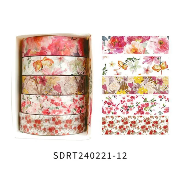 Cinta Decorativa Romántica con Diseño Floral en Caja, Cinta Washi Decorativa para agendas, libros y decoración de bullet journal