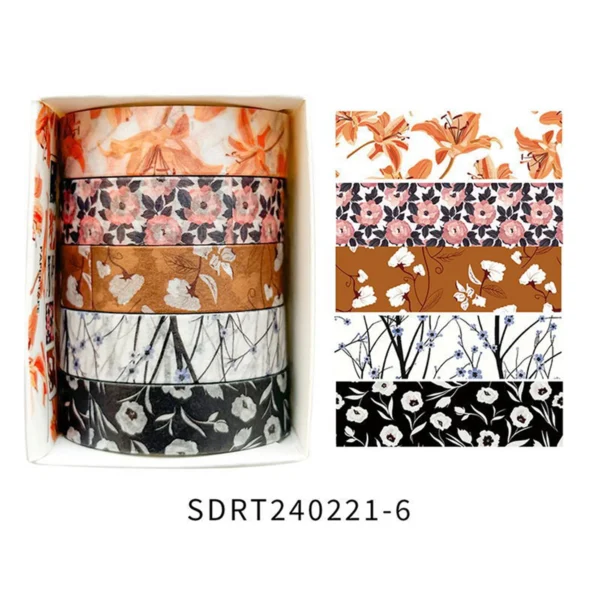Cinta Decorativa Romántica con Diseño Floral en Caja, Cinta Washi Decorativa para agendas, libros y decoración de bullet journal