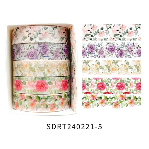 Cinta Decorativa Romántica con Diseño Floral en Caja, Cinta Washi Decorativa para agendas, libros y decoración de bullet journal