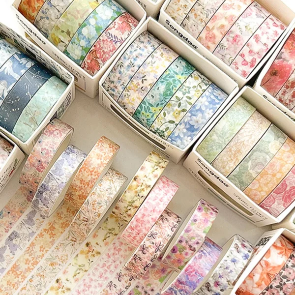 Cinta Decorativa Romántica con Diseño Floral en Caja, Cinta Washi Decorativa para agendas, libros y decoración de bullet journal