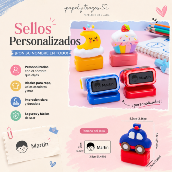 Sellos Personalizados con nombre para marcar Uniformes Escolares y mochilas