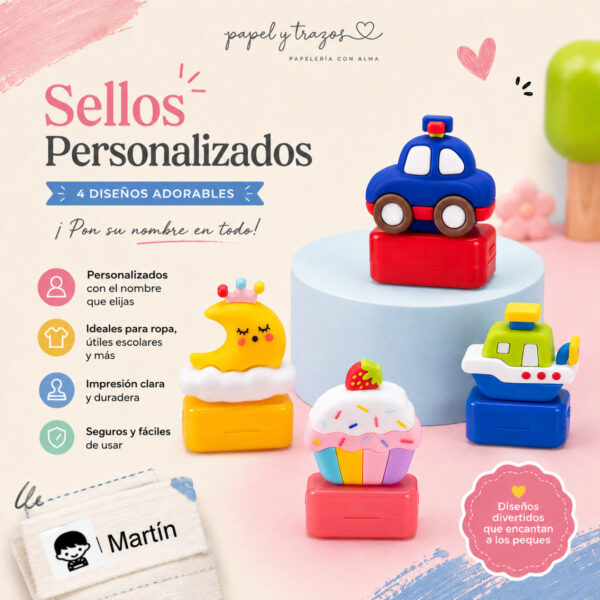 Sellos Personalizados con nombre para marcar Uniformes Escolares y mochilas